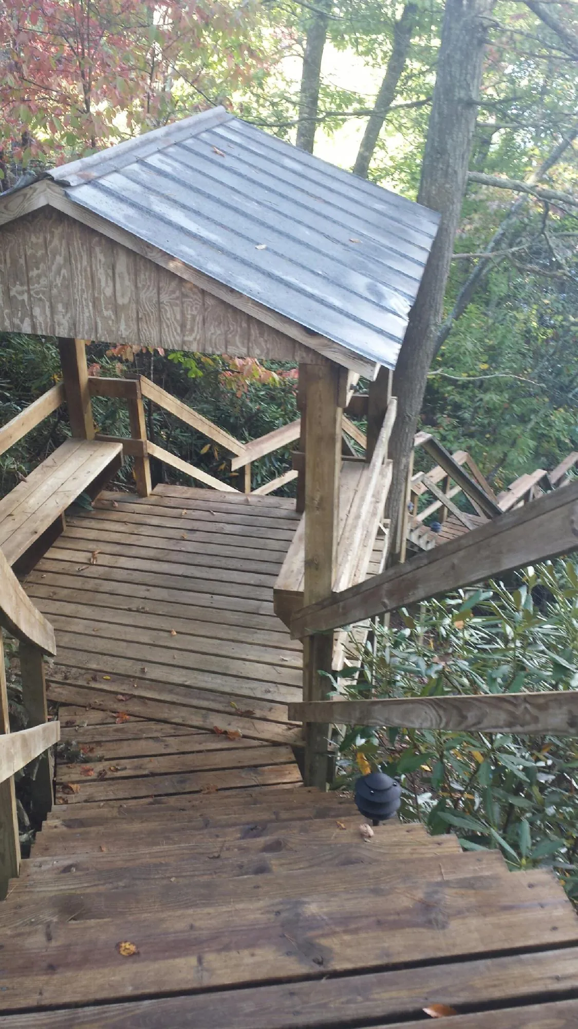 Metal roofed shelter over wooden steps on a wooded walkway — Skylight Repair & Installation work by our crew in Lind
